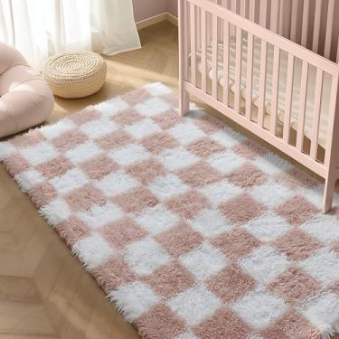 Imagem de PureCozy Tapete quadriculado 10 x 15 cm para sala de estar, tapete felpudo moderno rosa e branco super macio lavável tapete felpudo para quarto, casa, dormitório, decoração estética