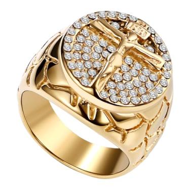 Imagem de Rofusn Anel masculino vintage com cruz de Jesus: crucifixo religioso de aço inoxidável clássico dourado joia cristã presente, Metal, Sem pedra preciosa