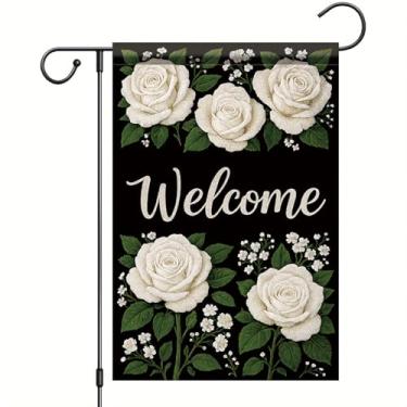 Imagem de Starlit Patio Bandeira de jardim de boas-vindas rosa branca primavera verão floral quintal banner 30 x 45 centímetros decoração externa dupla face para casa varanda gramado entrada fazenda decoração
