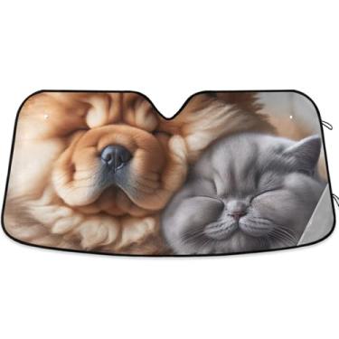 Imagem de Chow Chow Protetor solar de gato dormindo para pára-brisa de carro protetor solar dobrável personalizado para para-brisa dianteiro de carro impressões de animais retrátil L, 144,8 cm x 80 cm