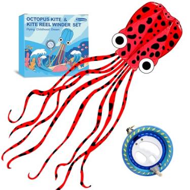 Imagem de Kaiciuss Conjunto De Pipa E Carretilha Octopus, Fácil Pilotar Para Viagens À Praia, Nice Winder Crianças Adultos, Estilo Sem Moldura Linha Única Com Kit Rodas 7,2" (Vermelho Bolinhas)