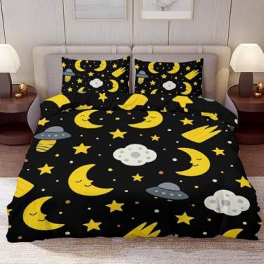 Imagem de Delerain Conjunto de capa de edredom solteiro, planeta lua amarela, conjunto de cama de 3 peças para meninos, meninas, adolescentes, moderno, microfibra macia, decoração de quarto, 1 capa de edredom +