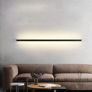 Imagem de Luz de parede longa LED com interruptor de botão operado por bateria arandela de parede recarregável alumínio minimalista lâmpadas de parede lineares para sala de estar quarto corredor corredor (luz