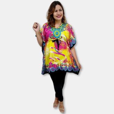 Imagem de Bata Kaftan Indiana Saída de Praia Estampa Flores e Onça - Sarat Moda 