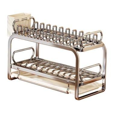 Imagem de Ioensy Escorredor de pratos multifuncional para economizar espaço, escorredor de pratos de 2 níveis com suporte para utensílios para organização de cozinha, M