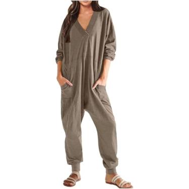 Imagem de Macacão Casual Feminino Manga Longa Macacão Decote V Verão Calças Soltas Terno Macacão Algodão Liso Calças De Trabalho De Uma Peça Com Bolsos Jardineiras, coffee, S