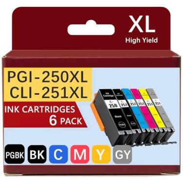 Imagem de Tinta PGI-250XL CLI-251XL compatível com cartuchos de tinta Canon 250 e 251 para impressoras PIXMA iP8720 MG6320 MG7120 MG7520 PGBK preto ciano magenta amarelo cinza/cinza, pacote com 6 cartuchos de