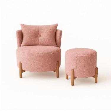 Imagem de Kit Poltrona e Puff Luna Decorativa Curvo Orgânico Boucle Rosa - Monta