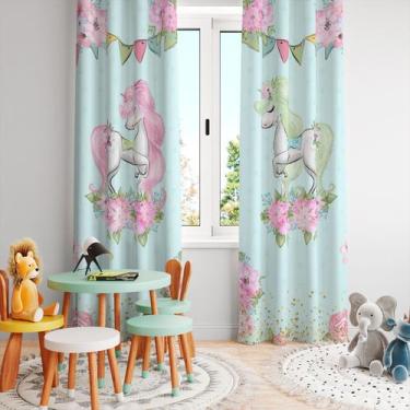 Imagem de Cortina Tecido Oxford Quarto Infantil Cavalinhos Coloridos Flores Band