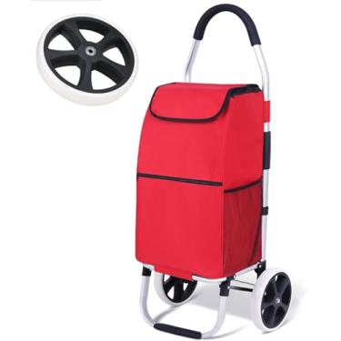 Imagem de Carrinho De Compras Resistente Com Rodas, Carrinho De Supermercado Portátil Pequeno Dobrável Com Sacola De Compras Removível à Prova D'água Estrutura De Liga De Alum, 2 Wheels Red