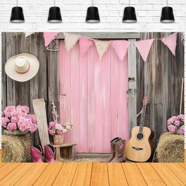 Imagem de Pano de fundo de porta de celeiro rosa ocidental pano de fundo de porta de celeiro de madeira pano de fundo de casa de fazenda chapéu retrô vintage palheiros de madeira para meninas primeiro rodeio