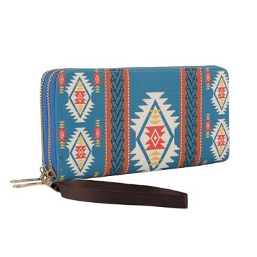 Imagem de UIBRN Carteira feminina boho, bolsa clutch longa, dobrável, porta-cartões de crédito, grande capacidade para telefone/chave/moedas, Azul