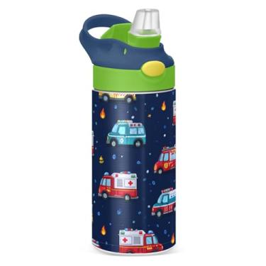 Imagem de Boccsty Garrafa de água infantil de carro ambulância desenho animado com tampa de canudo bombeiro caminhão de bombeiros isolado aço inoxidável reutilizável copo para meninos meninas crianças pequenas