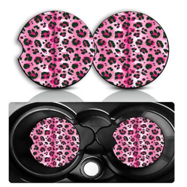 Imagem de Conjunto de 2 porta-copos de carro com estampa de leopardo rosa – Acessórios divertidos de carro leopardo 7 cm tamanho universal, tapete de borracha antiderrapante, porta-copos de inserção automática