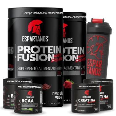 Imagem de Kit 2x Whey Protein Fusion Chocolate e Morango 900g + 2x BCAA em Pó Limão 100g + 2x Creatina 100g + Coqueteleira - Espartanos