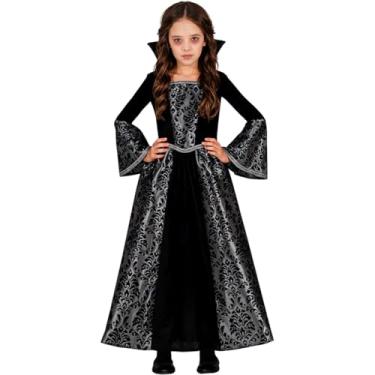 Imagem de Fantasia Infantil de Halloween pra Meninas Vestido de Vampira Gótica Medieval Vitoriana Super Luxo com Gola Estruturada (Preto, P 3-4)