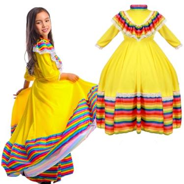 Imagem de Vestido Mexicano Folclórico Tradicional Feriado Infantil Saia de Dança Infantil Halloween Carnaval Aniversário Vestidos, Vestido mexicano (amarelo), G
