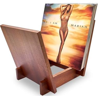 Imagem de Honygebia Porta-discos de madeira maciça – Suporte de disco de vinil de madeira Sapele, suporte de álbum em forma de V para exibição e armazenamento, ideal para armazenar coleção de 40 LPs premium