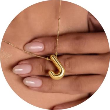 Imagem de Colar feminino com inicial de aço inoxidável banhado a ouro 18K, pingente de letra bolha de A a Z, joia personalizada do alfabeto fofo de A a Z, 18+2in, Aço inoxidável, Sem Pedra Preciosa