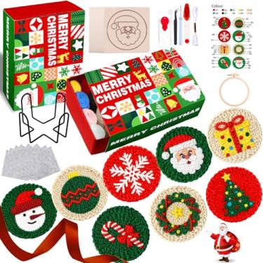 Imagem de Vellibring Kit de 8 peças de porta-copos de agulha de punção de Natal, kit de bordado de agulha de perfuração DIY para iniciantes e adultos, incluindo padrões, ferramentas, fios, aro, instruções