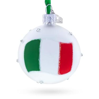 Imagem de Bandeira italiana e escrita "Itália" com detalhes de cristal em bola de vidro branco fosco enfeite de Natal