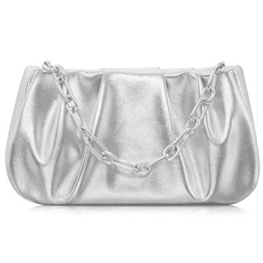 Imagem de Popizard Bolsa feminina para noite - Bolsa de ombro pequena de poliuretano antifurto com corrente removível alça ajustável, Prata