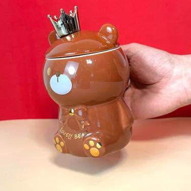 Imagem de Caneca de Porcelana 3D Decorativa com Tampa e Colher, Tema Ursinho, Marrom