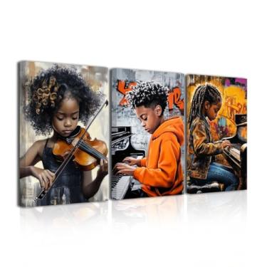 Imagem de LZIMU Arte de parede infantil preta 3 peças imagem de música preta abstrata música afro-americana impressões em tela menino menina tocando violino impressões musicais decoração de clube emoldurado