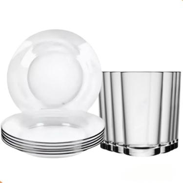 Imagem de Jogo De Pratos Fundos Aparelho De Jantar Em Vidro (Prato Liso + Copo Londres)