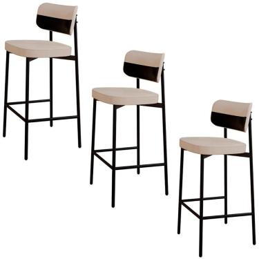 Imagem de Banqueta Alta Bar Estofada Kit 3 Ella M25 Linho Areia-preto - Mpozenato