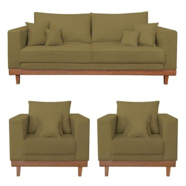 Imagem de Kit 2 Poltronas Living + Sofá 2 Lugares Base Madeira Suede Capuccino