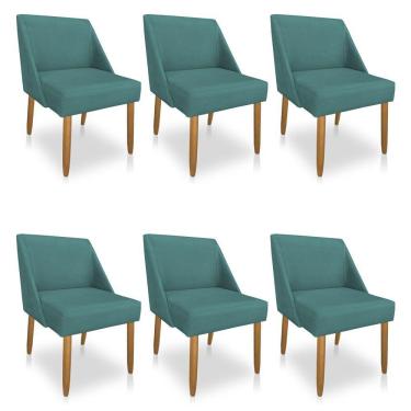 Imagem de Kit 06 Cadeiras Poltona Juliana Suede Azul Turquesa Pés Palito Castanho