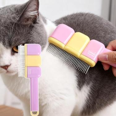 Imagem de Escova autolimpante para animais de estimação, pente de descamação dupla face 2 em 1 com dentes de aço inoxidável, pente de gato para derramamento e cuidados com cães (roxo, 19 x 6 cm)