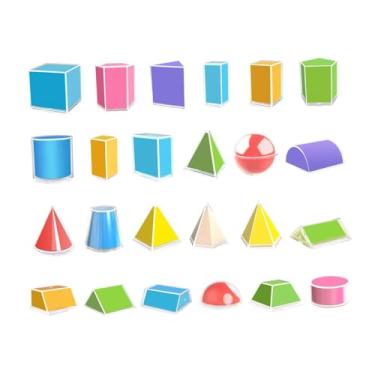 Imagem de predolo Conjunto de 24 peças de blocos geométricos dobráveis ​​em várias cores: cubos, cilindros, esferas e formas 3D para uso doméstico e pré-escolar.