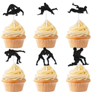 Imagem de 18Pcs Black Glitter Wrestling Dessert Cupcake Topper,Pick For Wrestler Cheer to Wrestling Theme For Boy And Man Happy Birthday Party Decorations Supplies