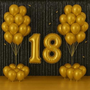 Imagem de Kit Festa Completo Metalizado | Balões Números 40cm + Cortina 2m | Decoração Profissional Econômica(PRETO/DOURADO)