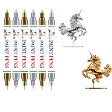 Imagem de VHEONET Caneta de tinta, marcador de tinta, 3 marcadores permanentes metálicos dourados e 3 prateados, marcador de tecido para vidro, plástico, madeira de rocha, cerâmica, couro, ponta média de pneu