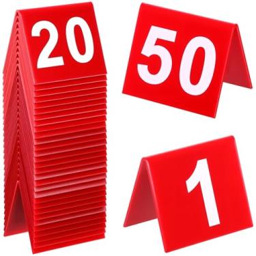 Imagem de 50 peças números de mesa de restaurante 1-50, barracas de número de mesa dupla face, números de mesa de plástico vermelho para casamento, banquetes, festas, serviço de alimentação