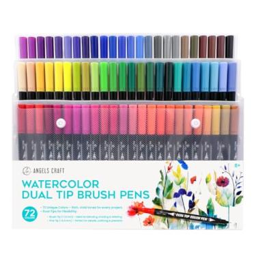 Imagem de Angels Craft Pincel de ponta dupla de aquarela de 72 cores e canetas finas - Ideal para pintura, ilustração, diário, caligrafia e design - tinta à base de água, não tóxica, tinta à base de água