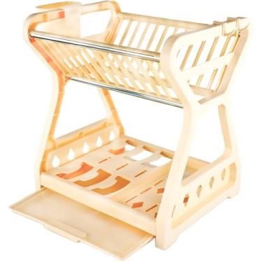 Imagem de Escorredor de Louças Plástico, Organizador de Cozinha com Bandeja Removível, Bege, 34x30x24.5cm, Capacidade 12 Pratos, Compartimentos para Talheres e Copos