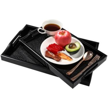 Imagem de Conjunto de bandeja de servir de plástico de 2 peças com alças, design de madeira para cozinha, mesa de centro e decoração de casa