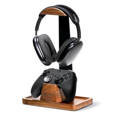 Imagem de UPERGO Headset Stand with Gaming Controller Holder, Walnut Wood Headphone Stand with Storage Base, Gaming Equipment Accessories for Desk