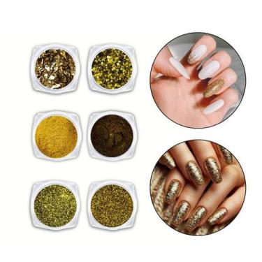 Imagem de Kit 6 Glitter Pó Cromado Metalizado Unhas De Gel Dourado - Arte Seduca