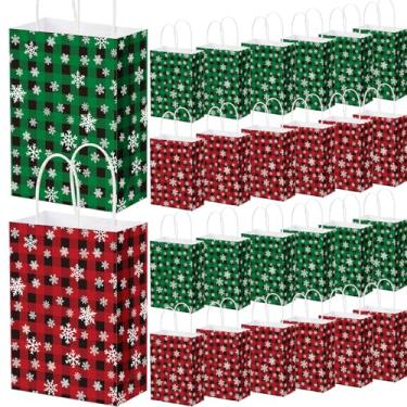 Imagem de Trandraft 48 peças de sacos de presente de Natal a granel xadrez buffalo, floco de neve, sacos de guloseimas com alça, papel de embrulho vermelho e verde de Natal para decoração de lembrancinhas de