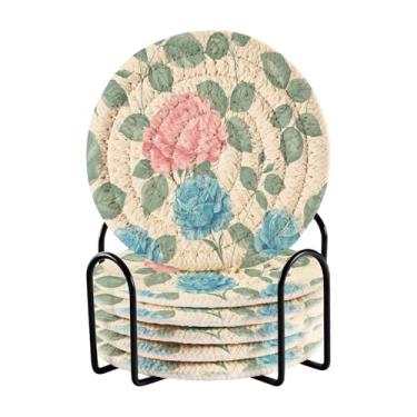 Imagem de Qilmy Conjunto de 6 peças de porta-copos de flores bonitas ou porta-copos de bar para bebidas, porta-copos de fazenda ou porta-copos de mesa rústicos, porta-copos modernos de algodão para o Natal1257