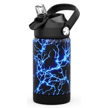 Imagem de Garrafa de água isolada para meninos com canudo, copos infantis de 340 g com aço inoxidável à prova de vazamento para creche escolar (Lightning)