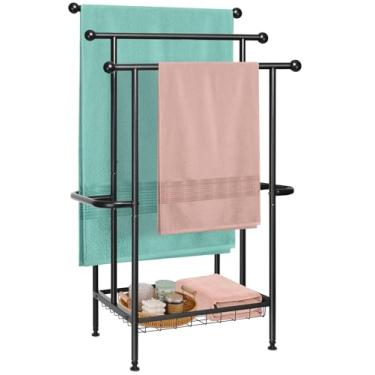 Imagem de Suporte de secagem independente de 3 camadas com cesta de armazenamento, rack de metal resistente para uso interno/externo para toalhas de piscina, cobertores e organização de banheiro