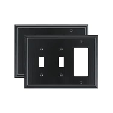 Imagem de TREEWELL Pacote com 2 placas de interruptores duplos/decoração única, liga de zinco decorativa preta, 4 placas de interruptor para tomadas elétricas, receptáculo, tomada GFCI, interruptor de
