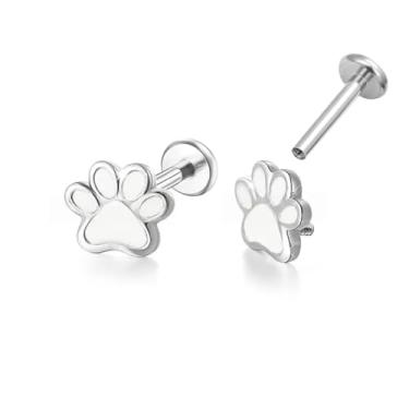 Imagem de Brincos de cartilagem labret com estampa de pata de gato fofo 16 G com costas planas G23 Titanuim rosca interna cachorro filhote gatinho animal animal de estimação Tragus Monroe Helix Medusa piercing