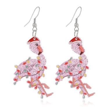 Imagem de Brincos de Natal, flamingo, de resina, chapéu de Papai Noel, brincos com pingente de sino, acessórios de festa de Natal para mulheres, Resina, Sem pedra preciosa